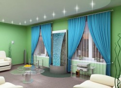 curtains under green wallpaper