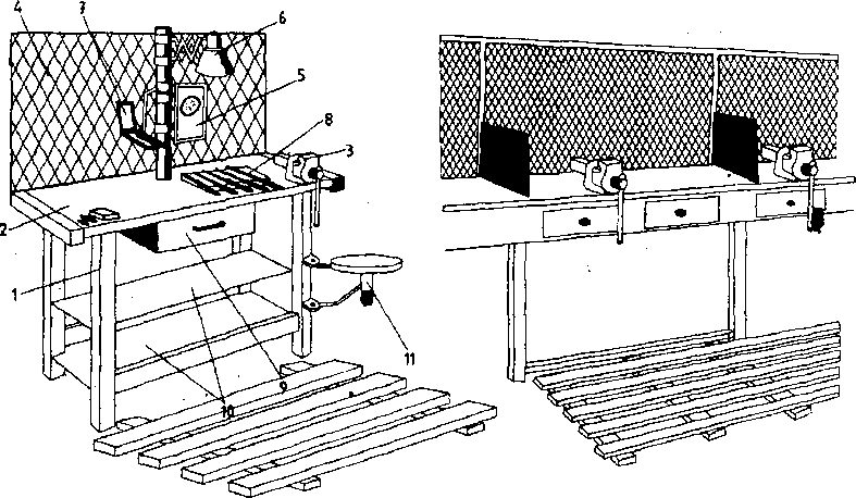 Workbench single (kiri) dan multi-seat (kanan)