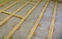 leveling the floor with plywood on the logs
